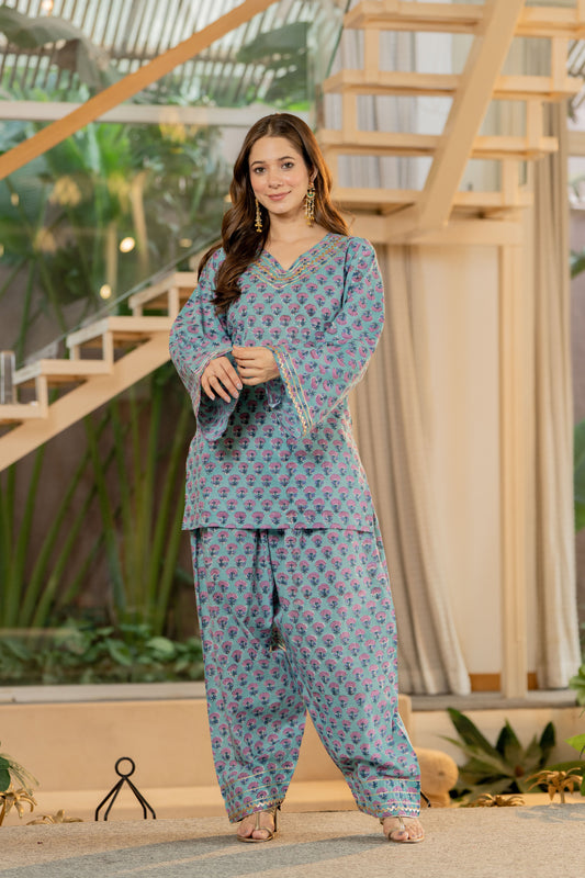 Teal Hand Block Printed Cotton Kurta with Farshi Pants