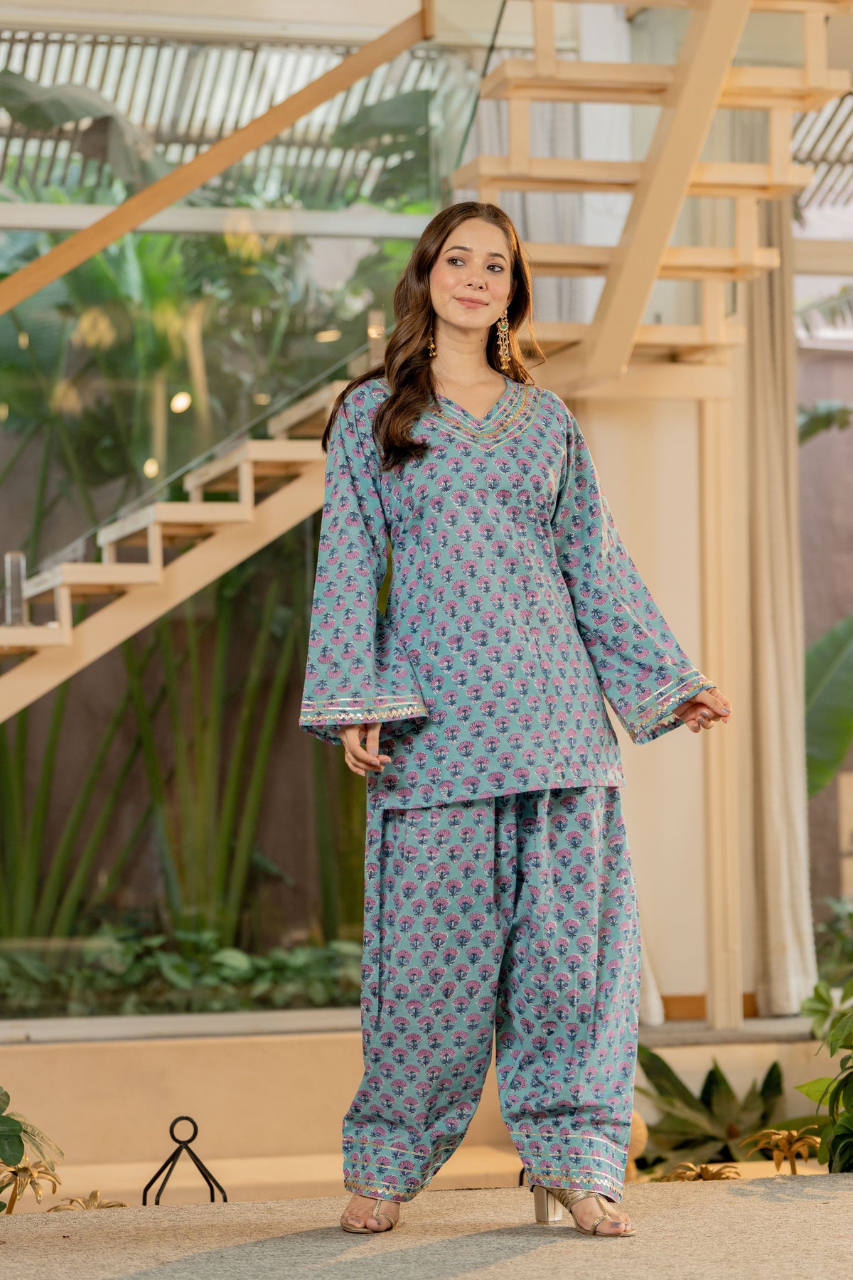 Teal Hand Block Printed Cotton Kurta with Farshi Pants