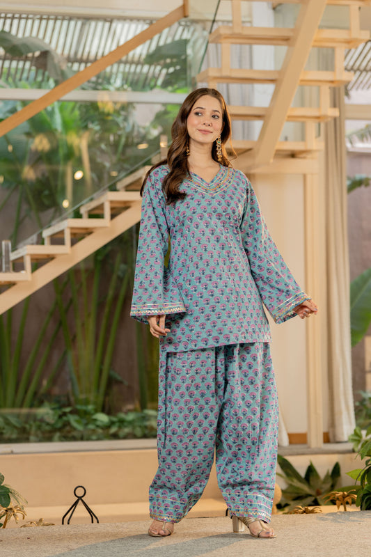 Teal Hand Block Printed Cotton Kurta with Farshi Pants