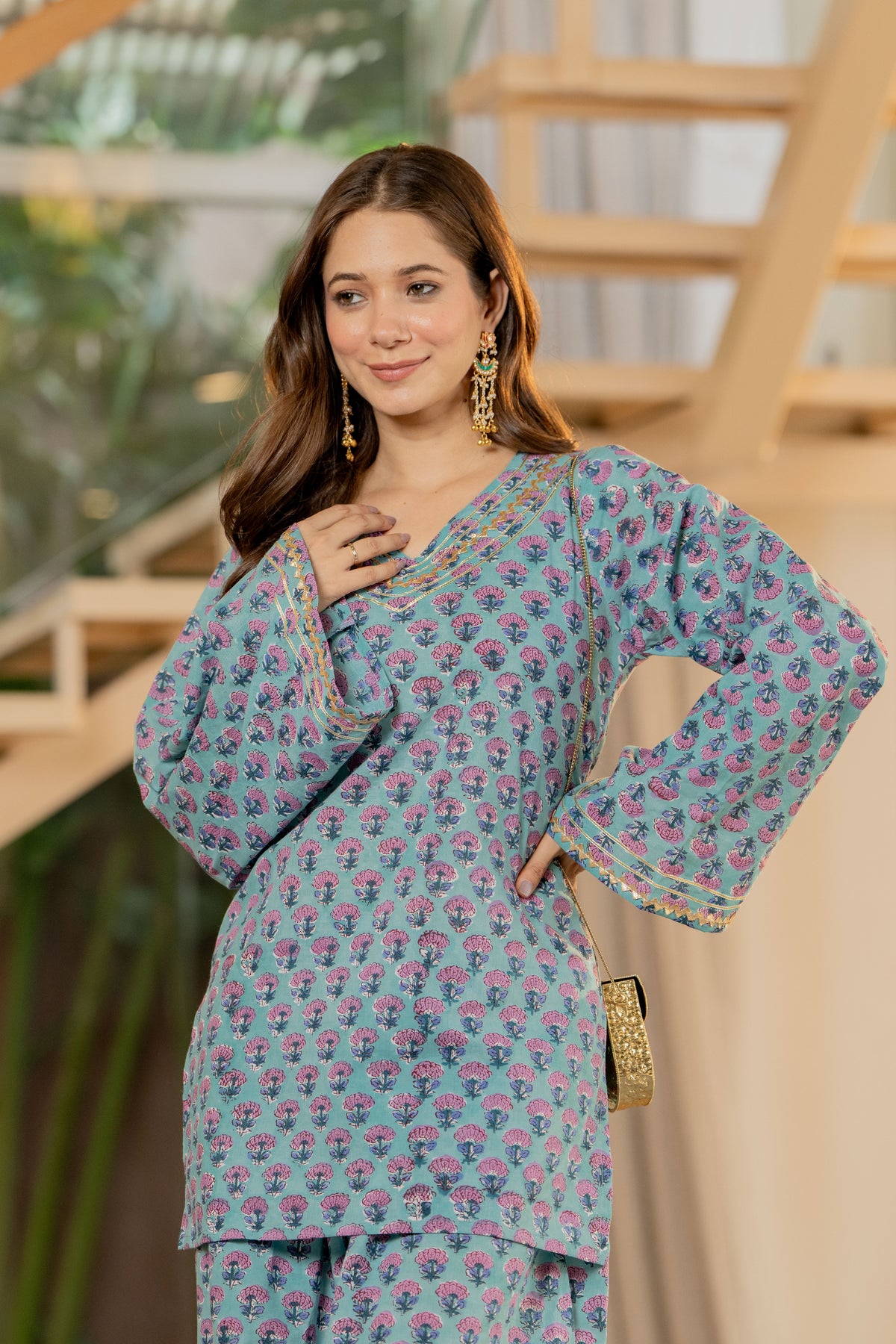 Teal Hand Block Printed Cotton Kurta with Farshi Pants