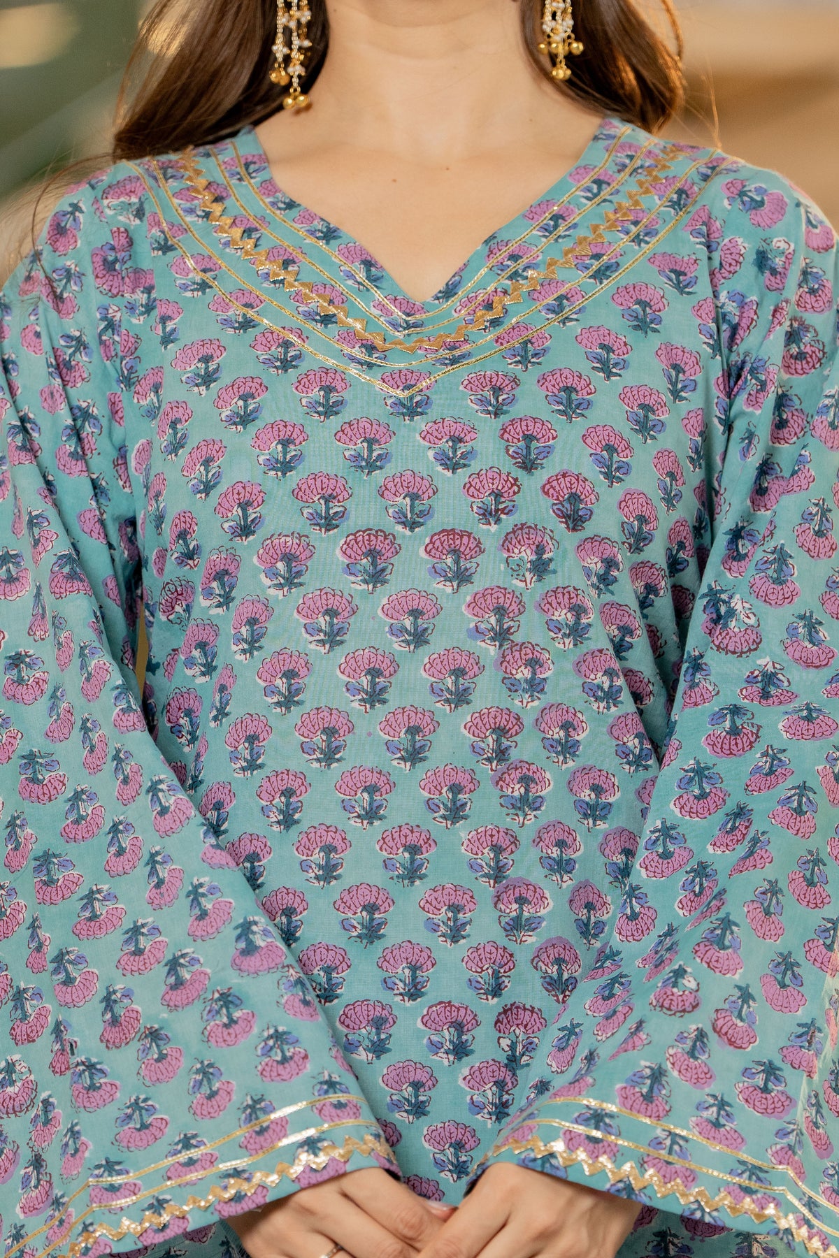 Teal Hand Block Printed Cotton Kurta with Farshi Pants