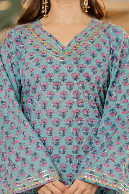 Teal Hand Block Printed Cotton Kurta with Farshi Pants
