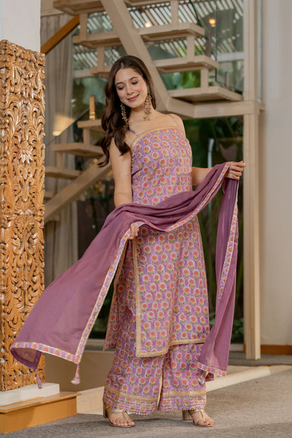 Hand Block Print Kurta, Plazzo and Dupatta Set