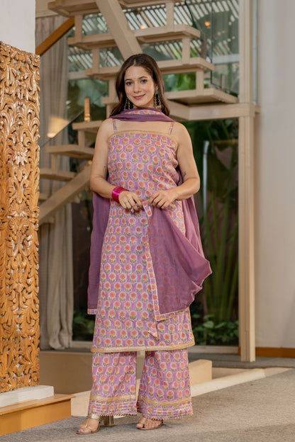 Hand Block Print Kurta, Plazzo and Dupatta Set